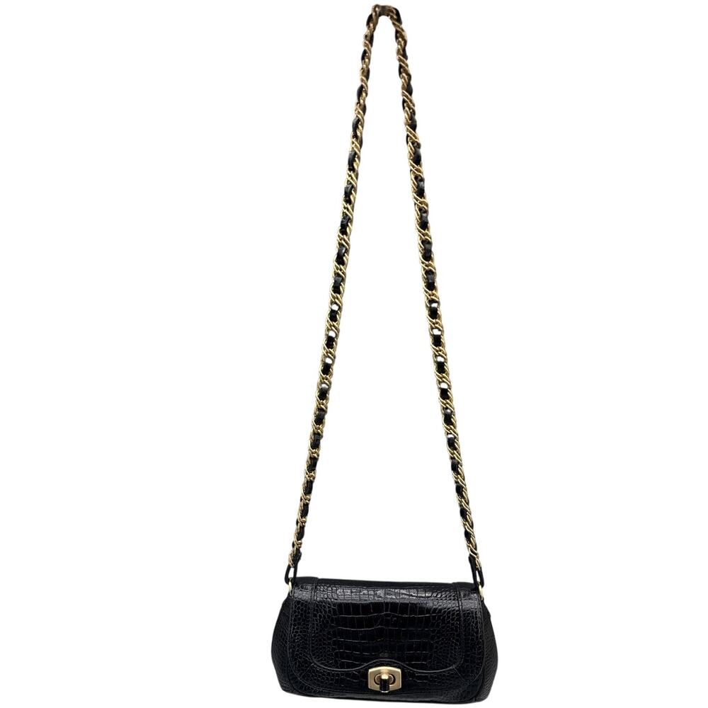 Ann Taylor Black Leather Croc-Embossed Gold Chain Small Shoulder Bag